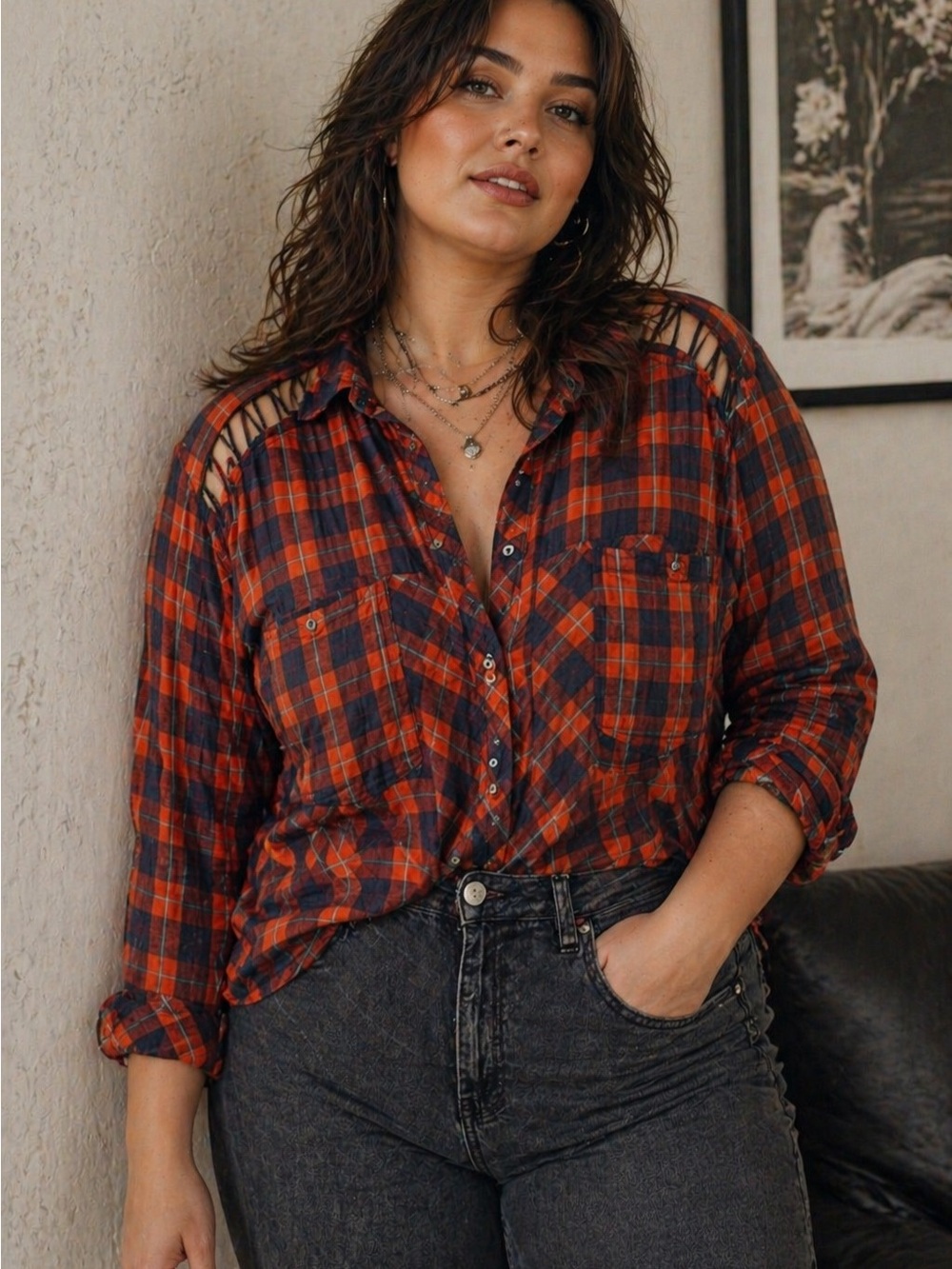 Free People Plus Size 1X Orange and Navy Plaid Button-Down with Cutout Shoulders